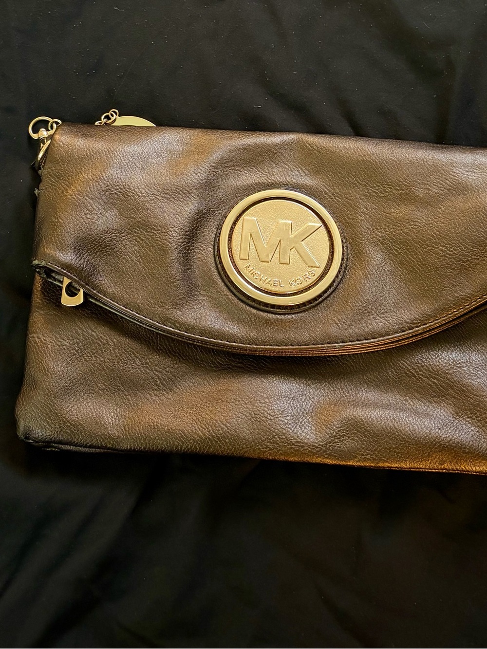 Michael Kors Dark Brown Leather Foldover Clutch with Gold MK Emblem